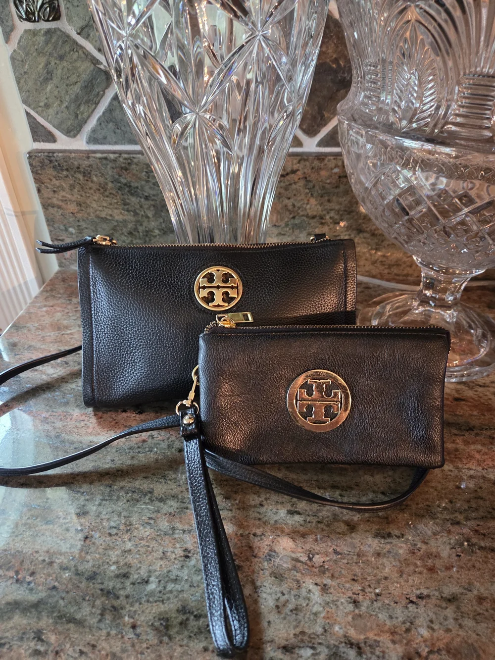 Tory Burch Black Leather Crossbody Bag And  Wristlet with Gold Logo